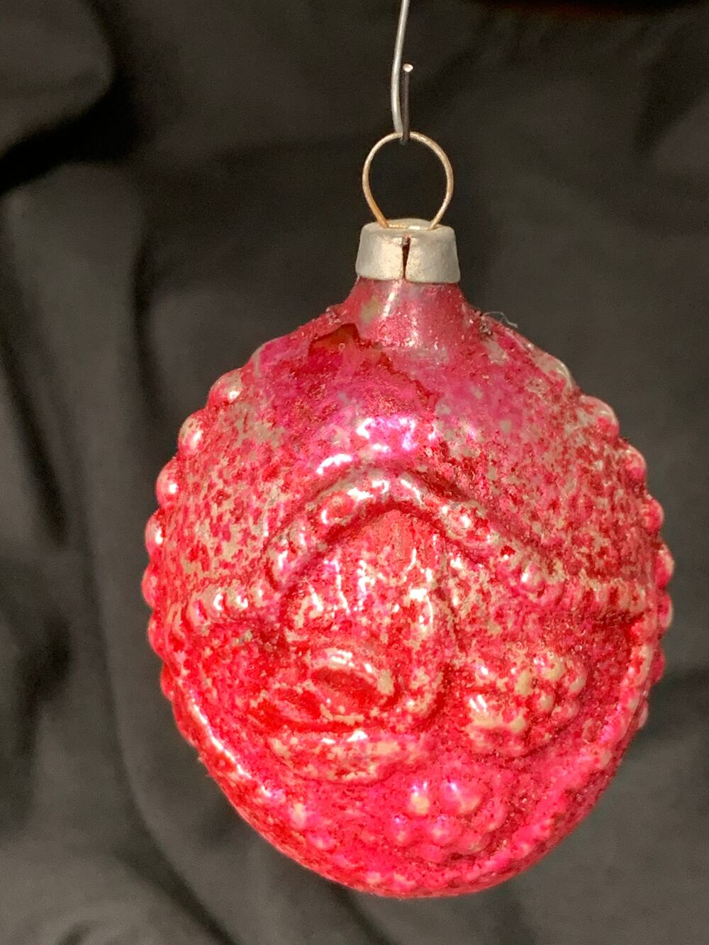 Vintage Embossed Glass Christmas Ornament Red Pink Silver Molded Design